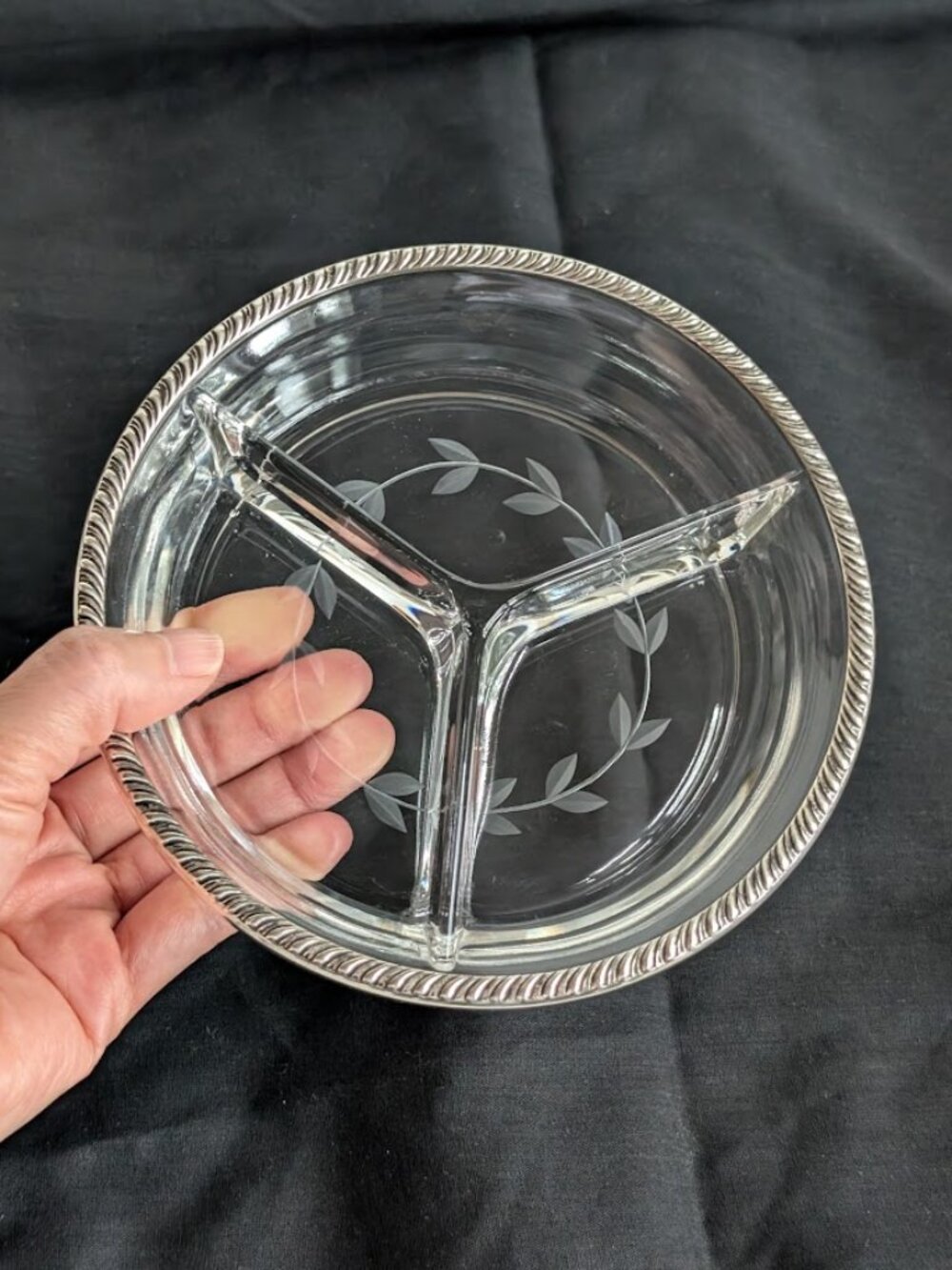 Vtg Mid Century Sterling Silver & Hand Etched Cut Crystal Divided Serving Dish